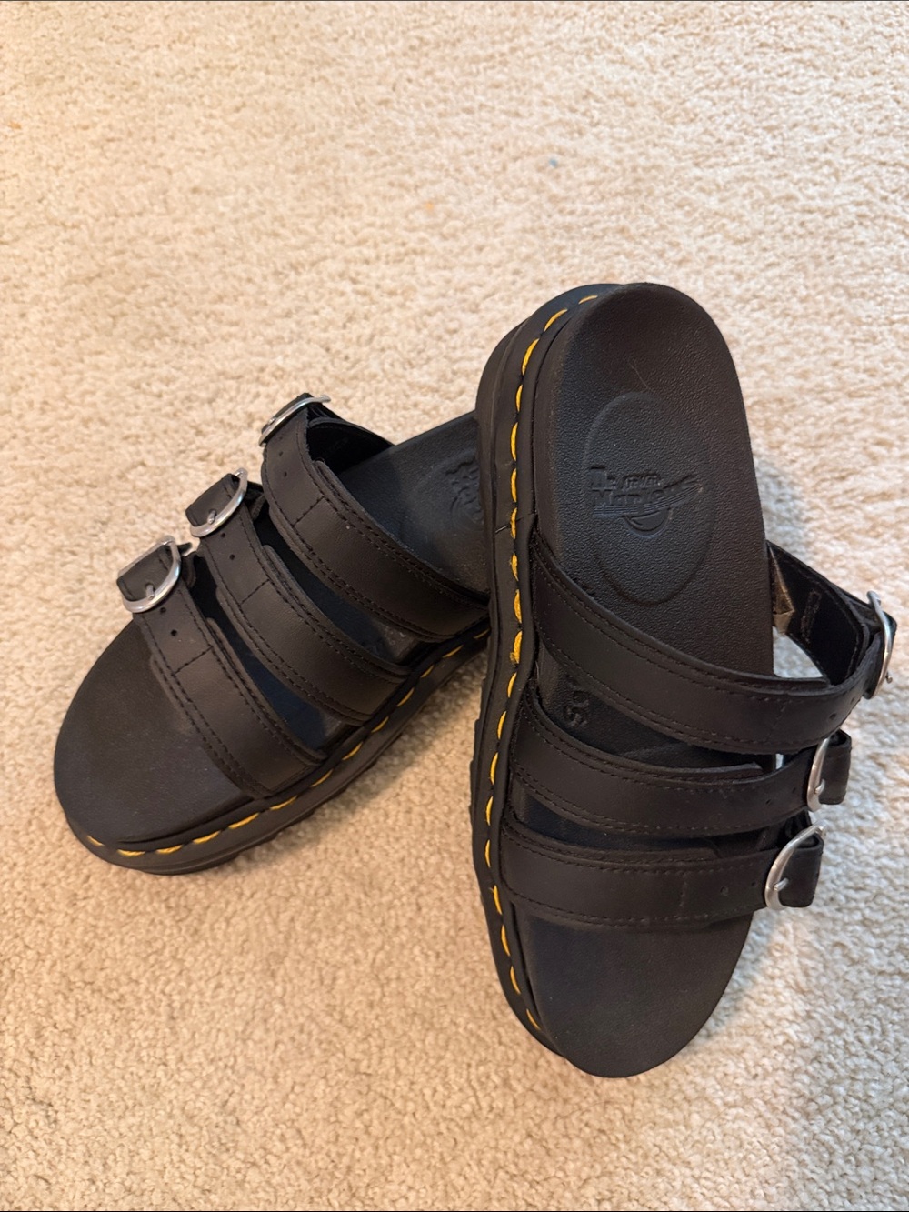 Dr. Martens Black Triple-Buckle Slide Sandals with Yellow Stitching